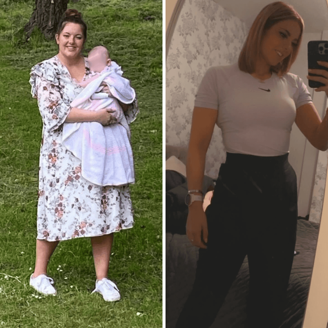 Before and after transformation photo of a woman in different outfits and settings.