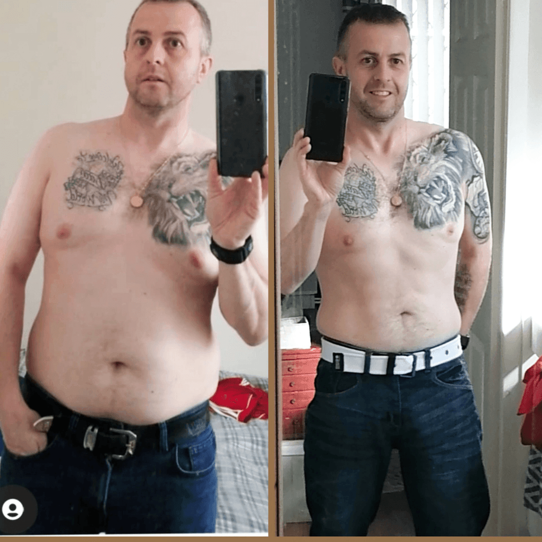 Middle aged man showing off his weight loss