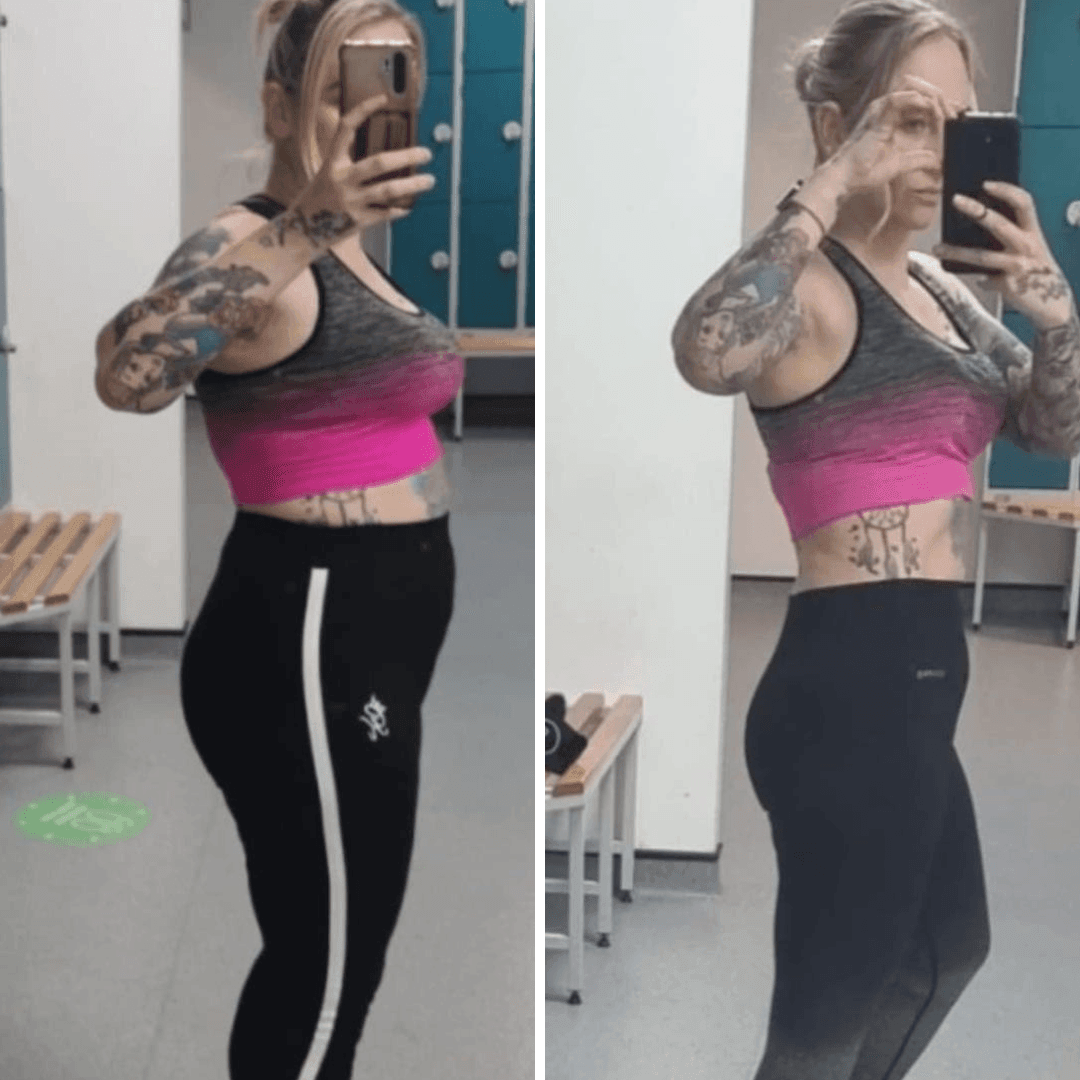 Woman in her thirties showing off weight loss